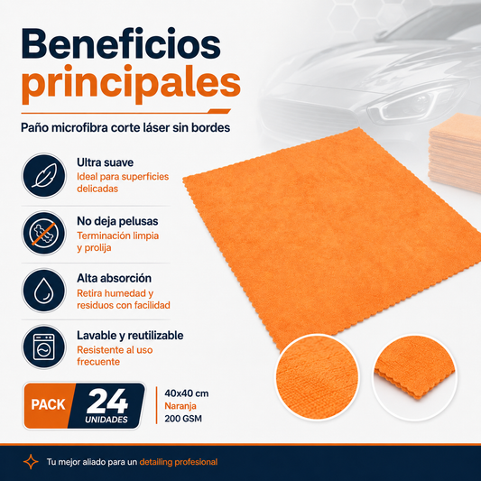 Paño Microfibra Corte Láser Sin Bordes 40x40 cm Naranja 200 GSM Pack 24 Unidades