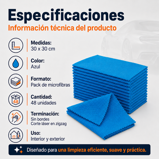 Paños Microfibra Multipropósito 48 Unidades 30x30 cm Azul Corte Láser Sin Bordes