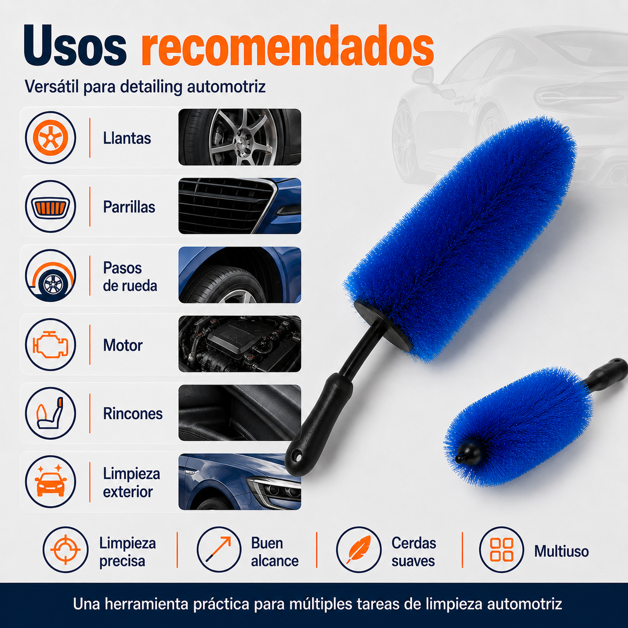 Cepillo para Llantas Cerdas Suaves Azul Mango Ergonómico