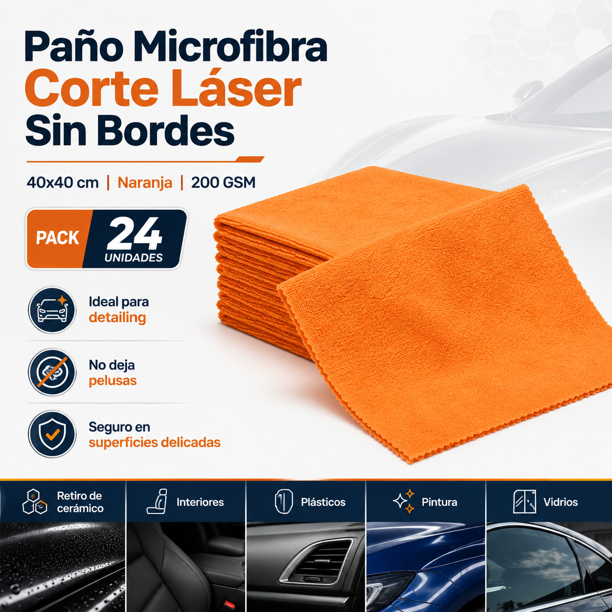 Paño Microfibra Corte Láser Sin Bordes 40x40 cm Naranja 200 GSM Pack 24 Unidades