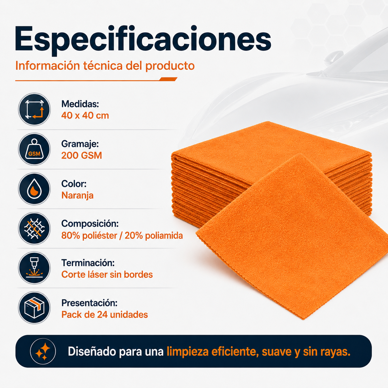 Paño Microfibra Corte Láser Sin Bordes 40x40 cm Naranja 200 GSM Pack 24 Unidades