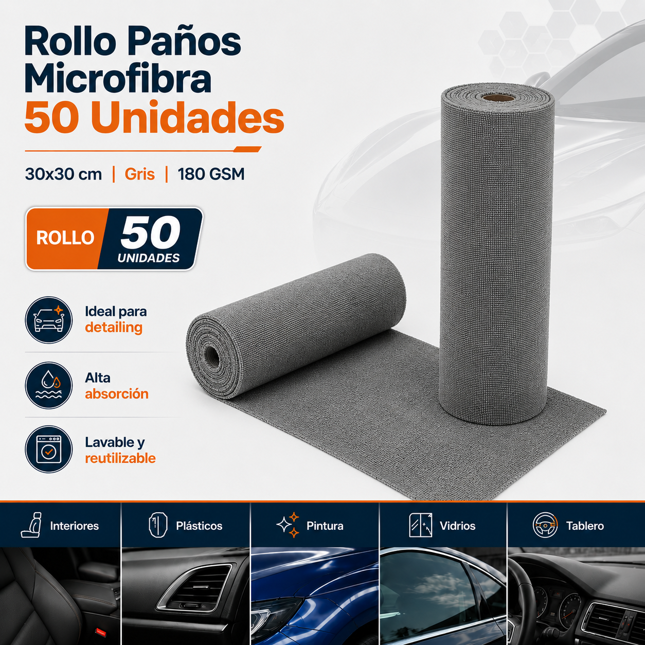 Rollo 50 Paños Microfibra 30x30 cm 180 GSM Gris Corte Láser Sin Bordes