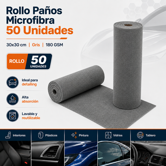 Rollo 50 Paños Microfibra 30x30 cm 180 GSM Gris Corte Láser Sin Bordes