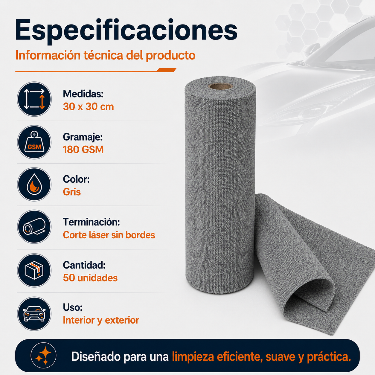 Rollo 50 Paños Microfibra 30x30 cm 180 GSM Gris Corte Láser Sin Bordes