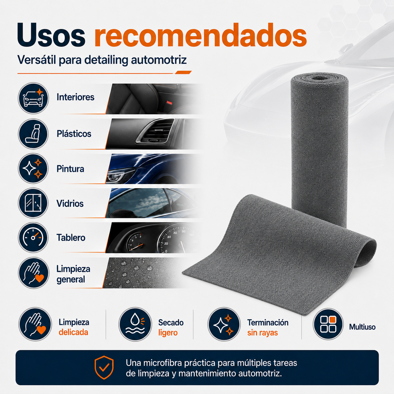Rollo 50 Paños Microfibra 30x30 cm 180 GSM Gris Corte Láser Sin Bordes