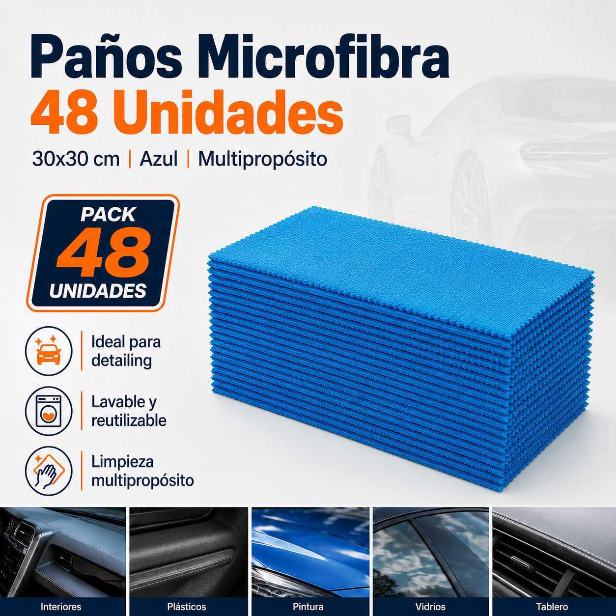 Paños Microfibra Multipropósito 48 Unidades 30x30 cm Azul Corte Láser Sin Bordes