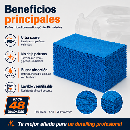 Paños Microfibra Multipropósito 48 Unidades 30x30 cm Azul Corte Láser Sin Bordes