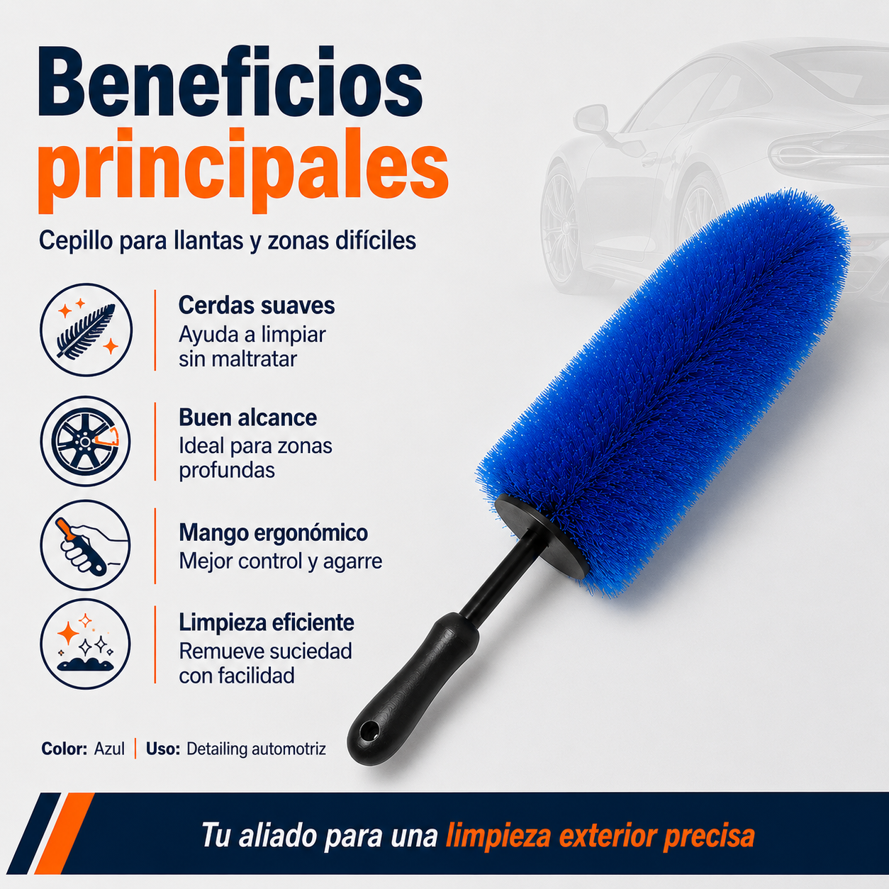 Cepillo para Llantas Cerdas Suaves Azul Mango Ergonómico
