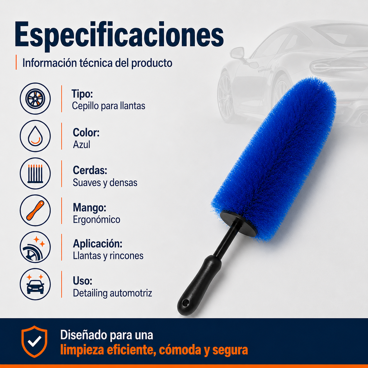 Cepillo para Llantas Cerdas Suaves Azul Mango Ergonómico