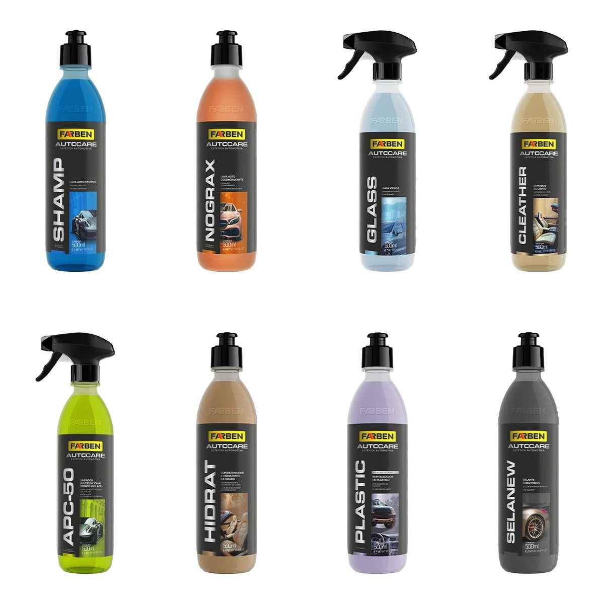 Pack Completo Farben AutoCare: kit de 8 productos de lavado y detailing automotriz (SHAMP, NOGRAX, GLASS, CLEATHER, APC-50, HIDRAT, PLASTIC y SELANEW)