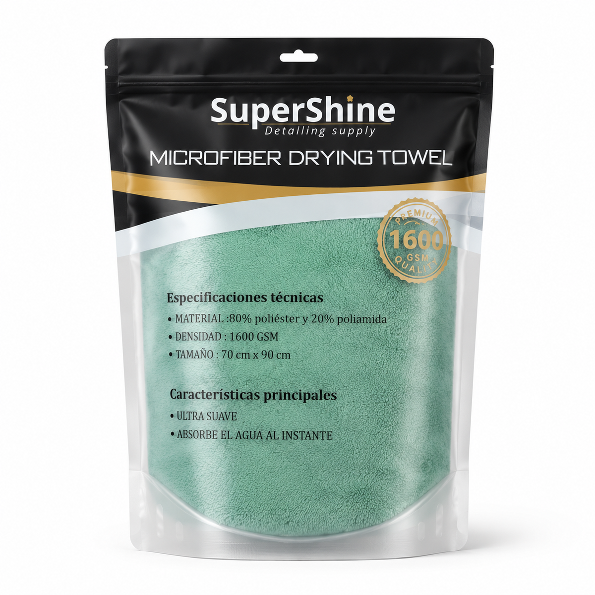 Toalla de secado XL Supershine 1600 GSM 90x70 cm en su bolsa Microfiber Drying Towel