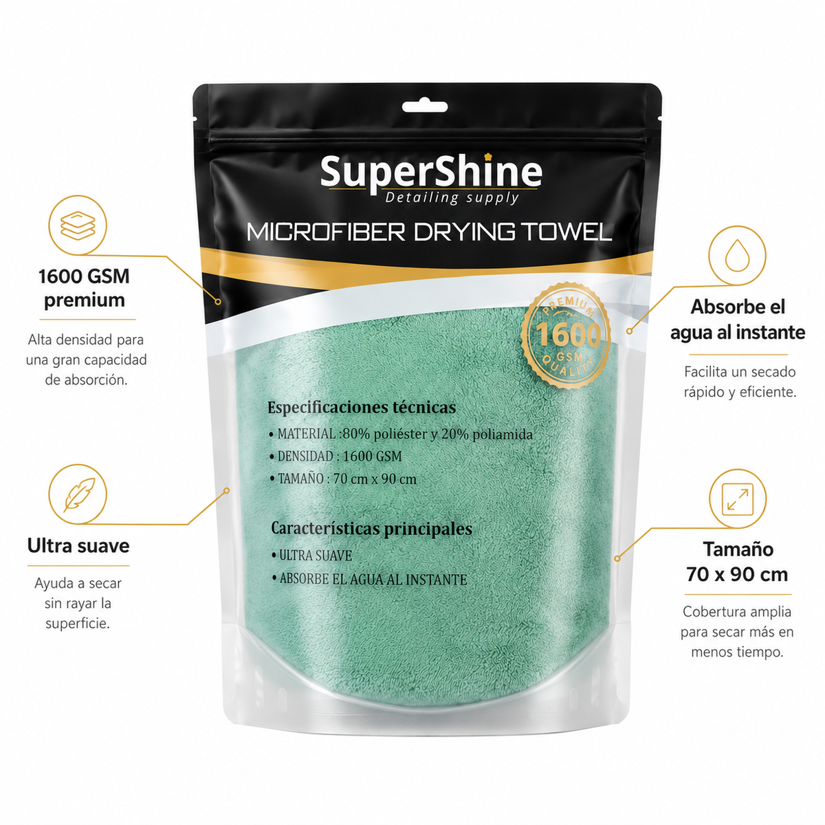 Características de la toalla de secado Supershine: 1600 GSM, ultra suave, absorbe al instante, 70x90 cm